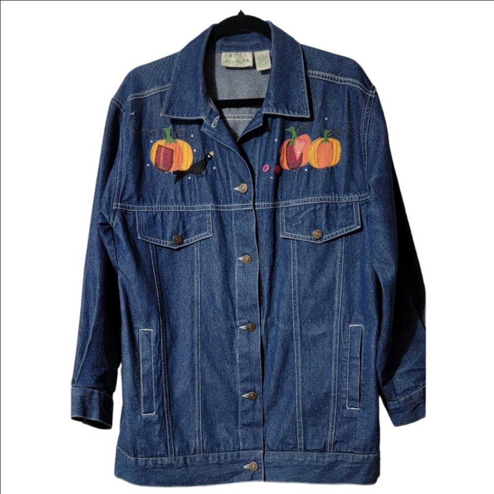 QUACKER FACTORY Vintage Denim Jacket Fall Pumpkins Scarecrow Size Medium EUC